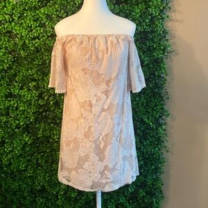 Cream Off Shoulder Floral Knit Dress